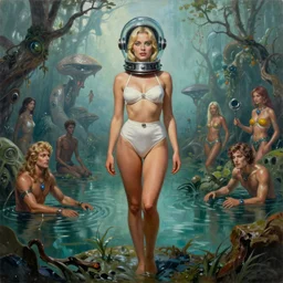a mixed media painting of a beautiful blonde woman in an alien swamp, elegant, aesthetic!!! symmetrical face and eyes, piercing gaze, sixties pinup, photorealistic, curvy, model, 6 0's glass helmet and futuristic high waisted white bikini, epic sci - fi character art, full length, by frank frazetta, donato giancola, boris vallejo, beeple, greg rutkowski, christian macnevin, high fantasy, prometheus, cgsociety, exquisite detail, post - processing, masterpiece, cinematic
