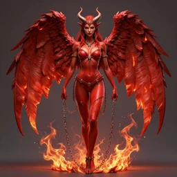 full length complex 3 d hyper realistic smooth ultra sharp render of a gorgeous!! fiery chained red skinned demoness viking warrior bikini | goddess of beauty, fallen angel, medieval, fantasy, nel tu | high detail, 4 k, hd, symmetrical, proportional, cinematic, epic scene | art by oh jinwook + 吵 集 仁 儿 on artstaion + takeshi obata + alphonse mucha + jim lee