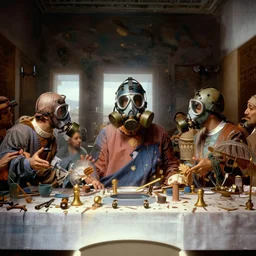 the last supper in gas masks, hyperrealistic, volumetric golden dappled dynamic lighting, highly detailed, sharp focus, elegant, by artgerm