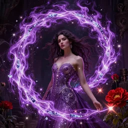 she dreams of arcs of purple flame intertwined with glowing sparks, glinting particles of ice, dramatic lighting, steampunk, secret holographic cyphers, red flowers, bright neon solar flares, high contrast, smooth, sharp focus, art nouveau, painting by Caravaggio and ruan jia and Daytoner and Alphonse Mucha