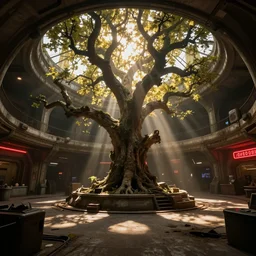 the interior of an old abandoned sci - fi marketplace an old oak tree grows inside the courtyard golden rays of sunlight enter through the window old red neon lights digital art trending artstation