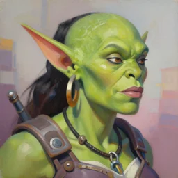 greg manchess close - up portrait painting of a beautiful older female dieselpunk orc with olive green skin as an overwatch character, medium shot, asymmetrical, profile picture, organic painting, sunny day, matte painting, bold shapes, hard edges, street art, trending on artstation, by huang guangjian and gil elvgren and sachin teng