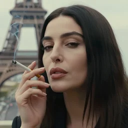 cinematic close up portrait of monica bellucci smoking a cigarette in paris environment by roversil, pale tonal matt, head in focus