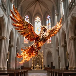 a metal!! phoenix bird!! aflame!!! flying inside a cathedral!!!, high quality, by magali villeneuve and brom and artgerm and donato giancola