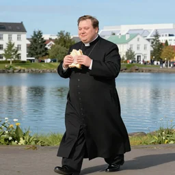 a slightly overweight male pastor, walking by the Reykjavik pond, eating a ham sandwich, digital art