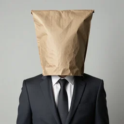 Man in a business suit with a bag covering his head, by Zdzisław Beksiński