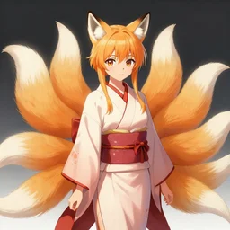 A beautiful anime-style digital concept portrait of a beautiful young sorceress with fox ears and nine fox tails wearing a kimono, by Stanley Artgerm Lau, WLOP, Rossdraws, LeraPi, and Sakimichan, trending on ArtStation, SFW version
