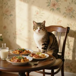 portrait of a cat on a chair at a coffee table full of food, flowery wallpaper, beautiful sunny day, 1 8 8 0 s style