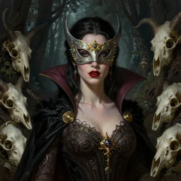 painted portrait of masked female vampire, standing in dark ancient fantasy forest, surrounded by animal skulls, upper body, fantasy intricate elegant extremely detailed digital painting trending artstation concept art sharp focus illustration art by gustave courbet greg rutkowski craig mullins