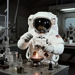 old photograph of an astronaut in a futurist lab doing occult experiments