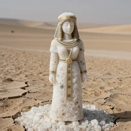 salt sculpture made of salt shaped like a 30 year old woman in ancient Canaanite clothing, cracked desert background. somber. haunting. 40mm lens, shallow depth of field, split lighting