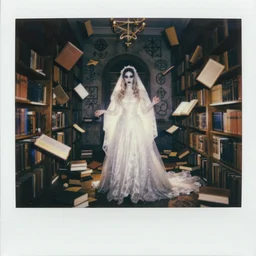 polaroid of messy library with floating books and a ghastly bride. goetic sigils on walls. creepy atmosphere, liminal space.