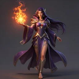 Hearthstone official professional art. A sorceress, wearing a robe casting a fire ball. Insanely coherent & consistent physical body parts (face, arms, legs, hair, eyes). Full body realistic, sharp focus, 8k high definition, insanely detailed, intricate, elegant, smooth, sharp focus, illustration, ArtStation