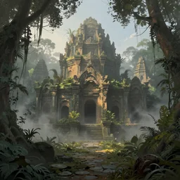 a highly detailed matte painting of a lost jungle temple, the mist settles on the ground while the morning light glows off the stone structures, by Caspar Friedrich