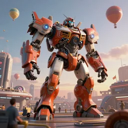 a beautiful hyperrealistic ultradetailed 3 d render of a gigantic mecha guarding a sci - fi spaceport, by todd macfarlane : 3, mech, unreal engine, octane render, gigantic, unreal engine, octane render, 3 d, brilliantly coloured, intricate, ultra wide angle, trending on artstation, dusk, volumetric lighting, hdr, polished, micro details, ray tracing, 8 k : 2, people, sphere, balloon, blurry, blur, depth of field, dof, bokeh, obscured, macro : - 1
