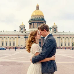 a romantic scene with huging couple in saint - petersburg, aquarelle art
