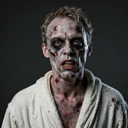 bill murray as zombie portrait, dystopia core, zombie apocalyptic, bathrobe, pale skin, wounds, one eye hanging out, snarling, dramatic, sharp focus, fiction, hyper detailed, digital art, trending in artstation, cinematic lighting, studio quality, smooth render, unreal engine 5 rendered, octane rendered, art style and nixeu and wlop and krenz cushart