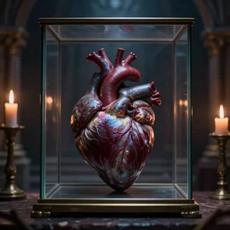 macro shot portrait of a real heart, inside glass box on an altar, a medieval dungeon with candles in the background, darkmagic dark magic in the air, grimdark magic ritual, 8 k, realistic render, octane render, unreal engine, style by greg rutkowski, intricate details, cinematic lighting