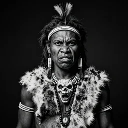 black and white portrait of a australian aboriginal warrior wearing animal skins and a scary necklace, angry look, dark background, studio light, hdr, nikon 2 4 mm f / 1. 8 g, by sebastiao salgado