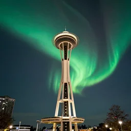intense aurora above space needle film long exposure velvia wide angle