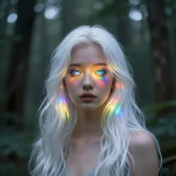 Girl with eyes that contain rainbow galaxies. Her hair is long and white, stand in the middle of a forest made of colourful light
