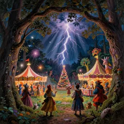 closeup of a night carnival inside a tree cavity in a magical forest in the middle of a summer storm, with a music scenario with many fireworks and christmas lights, volumetric lightning, instense god rays in the sky, folklore people disguised with fantastic creatures in a magical forest by summer night, masterpiece painted by fragonard, very coherent and colorful high contrast masterpiece,