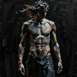 black background abstract, a thin, athletic physique man's body made of abstract, thick flowing dramatic bright brush strokes, no face, strong wind, matte colors, impressionist, extreme motion, trending on artstation
