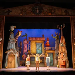 photo of a huge theaterstage, play is wallace and grommit, 3 actors on stage, 8 k, multicolored, exaggerated detailed, long shot