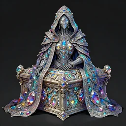 omnipotent treasure!!! crystal assassin, matte concept art, intricate linework, precious! ornate! hooded multicolored! cybernetic! colorful!!!!!! luminous precious gems gothic baroque magical!! armor cloak!!, clear focus, iridescent!!!!!, realistic, wlop, chebokha, rutkowski, artgerm