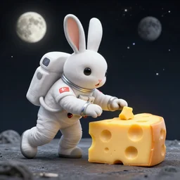 an anthropomorphic rabbit astronaut discovering that the moon is made of cheese, lowbrow in the style of mark ryden and picasso, unreal engine,