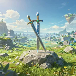legend of zelda master sword stuck in a stone, wide angle view