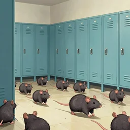 Rats running loose in the girls locker room, concept art, by Mort Drucker, cinematic, funny