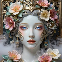 face portrait, artwork by james jean made of flowers mist and cloud, glossy eyes, chiara bautista, hyperdetailed realistic smooth polished porcelain, beautiful provenance queen, jean delville, art nouveau, highly saturated colors, ornate metal gothic icon heavy patina, vibrant, delicate, ultrasharp hyperdetailed photorealistic octane render, enchanting, otherworldly, whimsical, ethereal, mythology