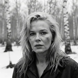 1 9 6 0 s movie still close - up portrait of a dirty blonde 4 0 s woman in a swamp with birch forest, snow, cinestill 8 0 0 t 3 5 mm b & w, heavy grain, high quality, high detail, mud, fog, by tarkovsky