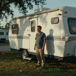 martian standing outside of their trailer in a trailer park in florida, film still from a tv news broadcast