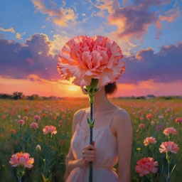 woman with a giant carnation as a face, flower field, surreal photography, sunset dramatic light, impressionist painting, colorful clouds, blue sky, digital painting, artstation, simon stalenhag
