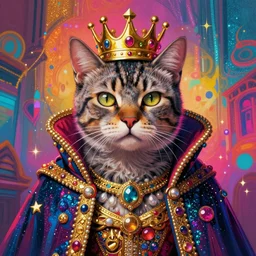 a humanoid king old cat with a crown, Atmospheric beautiful by Stanley Artgerm, Tom Bagshaw, Arthur Adams, Carne Griffiths, trending on Deviant Art, street art, chillwave, maximalist, full of color, glittering, 8k, hd