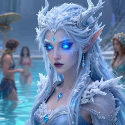 beautiful ancient frost witch, blue fire in eye, snow glow, pool party, highly detailed, digital painting, artstation, sharp focus, illustration, art by tan zi and ayanamikodon and alphonse mucha and wlop!