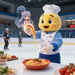 4 5 mm 1 9 8 7 cooking food photography of an corporate mascot at an ice rink summoning an anime genie pasta girl, photography by tyler mitchell johfra bosschart