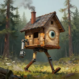 a walking mechanical wood house with mechanical legs, one big eye, smoky chimney, rust, hyperrealistic, highly detailed, cinematic, single ray of sun, morning, pareidolia, dynamic composition, gravity falls style, beautiful, pine trees in the background, cgssociety, artstation, 8 k, oil painting, by rhads