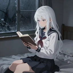 a girl in a jk uniform outfit in the bedroom reading a book in a night, raining outside the window, dark and grey theme ， wavy white long hair, by krenz cushart and mucha and akihito yoshida and greg rutkowski and makoto shinkai, detailed eyes, 4 k resolution