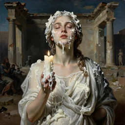 Beautiful woman with closed eyes covered with melted white candle wax by Nicola Samori, Michelangelo da Caravaggio and Beksinski, ancient abandoned temple on background, dramatic volumetric lighting, full body portrait, highly detailed oil painting, trending on artstation, 4k, masterpiece