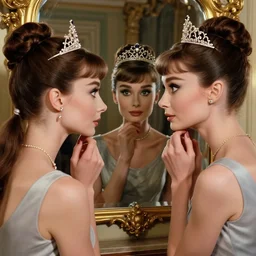 a mix of of lily cole anya taylor - joy and audry hepburn looking into mirror, tiara, 1 8 th century manor, hyperrealism photorealism, 8 k, hdr, unreal engine 5, octane render, photorealistic, extremely detailed, intricate, in the style of mark ryden, lostfish, earl nore, hyung tae, frank frazetta
