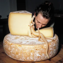 medusa eating a large wheel of cheese, color film, photorealistic,