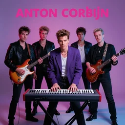 8 0's synthesizer band, anton corbijn, purple, pink, blue, posed, album cover, duran duran, synthesizer, guitar, atmospheric lighting. highly detailed photo, 8 0's style.