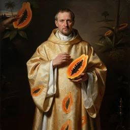 A catholic priest with clothes made of papayas, papaya pattern clothes, papaya garments, art by Pieter Claesz, baroque, chiaroscuro