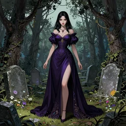 beautiful woman, (((((Queen of the dead))))), (((shinigami))), (((highly saturated colors))), old cemetery, trees, creepers, full body shot, detailed illustration, digital art, overdetailed art, concept art,(((dan mumford))), Greg Rutkowski, trending on artstation