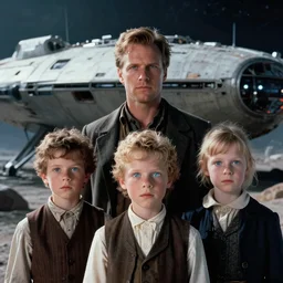 extremely sharply detailed, scan from blockbuster 9 9 k sci fi color movie freeze frame, set 1 8 6 0, family standing in front of crashed spaceship, on alien planet, wearing 1 8 5 0 s era clothes, atmospheric lighting, in focus, reflective eyes, 9 9 9 9 9 9 mm macro lens, live action, nice composition and photography, clear facial details