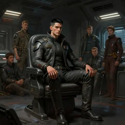 concept art by greg rutkowski, a very tall, and slender man with short black hair, sitting with the crew in the ship's flight deck, brutalist futuristic interior, dark lighting atmosphere, detailed portraits, nostalgic atmosphere, scifi, digital painting, artstation, concept art, smooth, sharp foccus ilustration, artstation hq