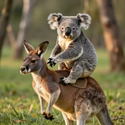 A photo of a koala riding a kangaroo, 4K, realistic, golden hour